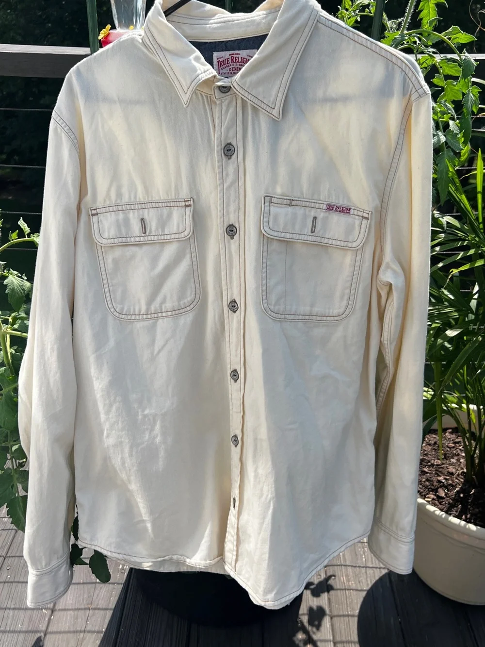 True Religion Cream Utility Button-Up Shirt Jacket | Large | Contrast Stitching